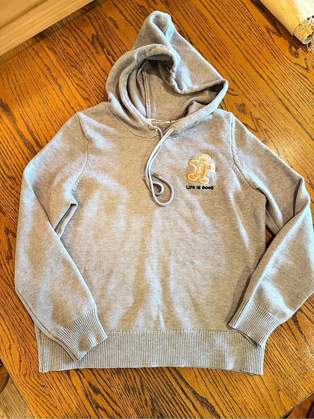 Life Is Good Sweater with a hood - Grey - Size Medium - embroidered gingerbread